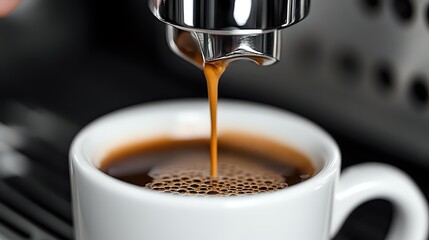Fresh espresso pouring from machine into white ceramic cup with rich crema foam, perfect for cafe and coffee shop marketing materials.