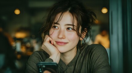 Young Asian woman smiling thoughtfully while resting chin on hand in cozy cafe setting with warm bokeh lights in background for lifestyle content.