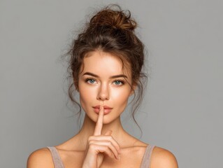 Fototapeta premium A beautiful woman captivates with an arresting gaze, her finger pressed gently to her lips, evoking an atmosphere of secrecy and subtle elegance.