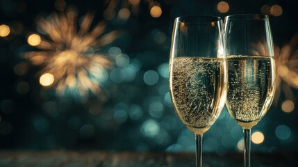 Champagne Toast with Fireworks: Capturing a celebratory moment with two elegant champagne glasses, effervescent bubbles rising, set against a backdrop of colorful fireworks.
