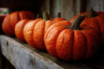 row of ripe orange pumpkins on rustic wooden bench for autumn harvest