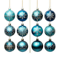 Obraz premium Blue and Teal Christmas Ornaments Hanging in Vertical Line Arrangement, Isolated on White (2)