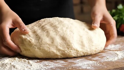 Closeup shot of skilled hands meticulously kneading fresh bread dough on a floured wooden surface preparing it for baking delicious homemade pastries and artisanal bread in a traditional kitchen sett.