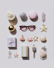 Eye-Catching Array of Treats and Accessories: A visually striking collection of carefully arranged delights includes treats and chic accessories.