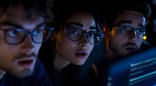 Three focused professionals wearing glasses analyzing data on computer screens in dark office environment with blue digital lighting effects. - Powered by Adobe