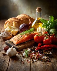 Gourmet Delight: An appetizing culinary arrangement that includes grilled salmon, fresh tomatoes, basil, bread, olive oil, and various spices on a rustic wooden table. 