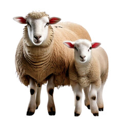 Fototapeta premium Mother sheep and lamb bundle showing realistic adult ewe with dark face and white lamb in natural standing poses, isolated on transparent background.