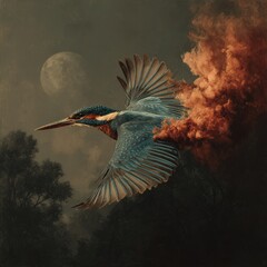 Kingfisher in Flight: A captivating kingfisher soars gracefully through the sky, its vibrant plumage contrasting with the dark background, symbolizing freedom and the power of nature. 