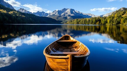 Wooden canoe floating on calm mountain lake with snow-capped peaks and autumn forest reflected in crystal clear water under blue sky with white clouds.