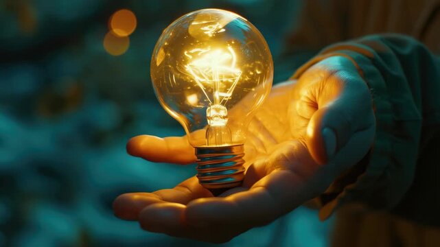 This captures a moment of profound realization or invention. The hand holds a glowing bulb, signifying an idea or solution that has emerged from the shadows of uncertainty and darkness