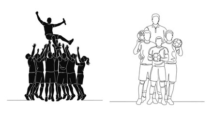 Human pyramid silhouette showing teamwork celebration and a lone figure