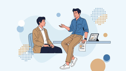 business conversation between two young men in modern office setting engaging in discussion