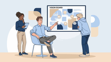 Team of professionals discussing business strategies using a digital vision board in modern office