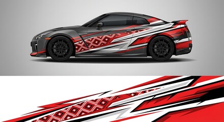 A sports car with a custom red, white, and black tribal-style side decal against a plain gray background with a close-up view of the decal design below.