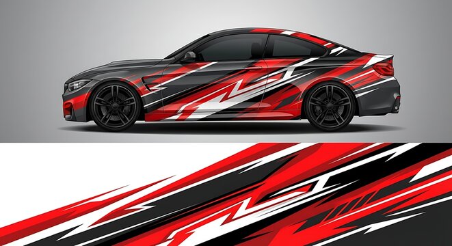 Close-up profile view of a black sports car with red, white and black abstract decals on a gray background with a partial view of the car design pattern.