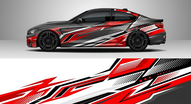 Side view of a sports car with a red, black, and white design on a gray background with a close-up of the design below.
