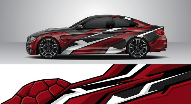 A red sports car with black and white decals on a gray background with a close-up of the decals below, showcasing a racing stripe design in a promotional style with a bold and dynamic mood.
