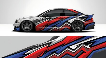 A sleek car with a vibrant red, white, and blue abstract design on its side panels and a close-up of the design on a white background.
