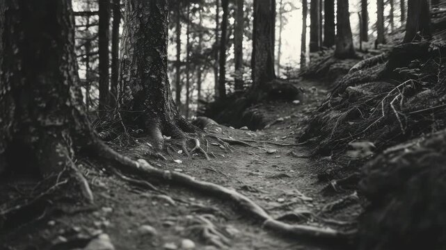 Gray and desolate forest trail through trees with bare branches.