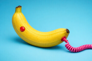 Surreal Banana Telephone With Pink Coiled Cord On Bright Blue Background