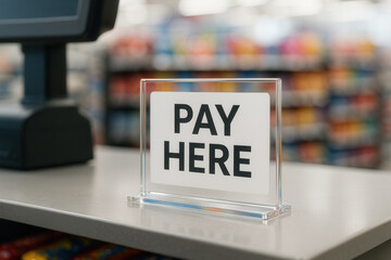 Pay Here Sign On Retail Counter At Checkout