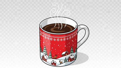 Steaming hot chocolate in a festive red christmas mug with snowflakes and trees on a transparent background for winter holiday designs