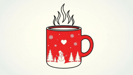 Red hot beverage mug with snowman, trees, heart, and snowflakes on a winter theme