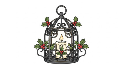 A black wrought iron lantern with a lit candle and holly decorations on a white background for christmas or holiday themes