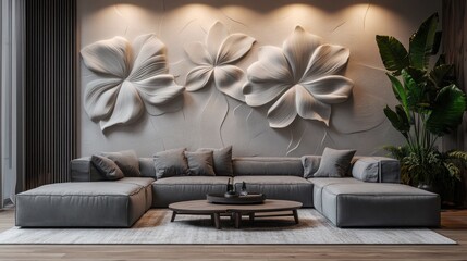 Modern living room with floral wall decor, comfy sectional sofa, and coffee table