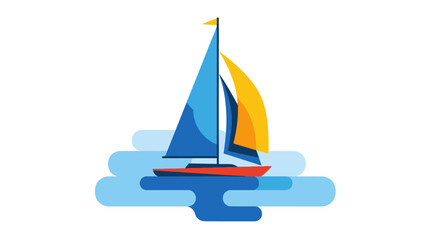 Sailboat sailing on blue water, stylized illustration of a classic sailing vessel with colorful sails and a red hull, representing leisure and nautical adventure © Abhinaya Project