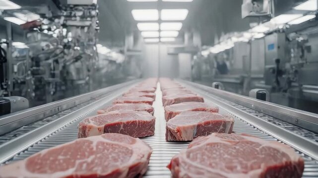 Processed raw meat on a conveyor belt in a sterile environment