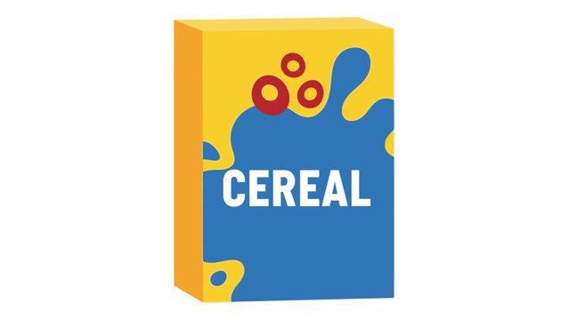 Cereal Box Design A Vibrant Yellow and Blue Packaging Illustration with Abstract Red Circles