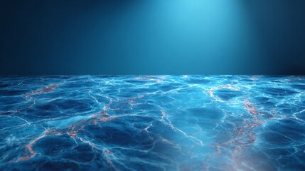 A serene ocean scene with clear water and a dark background and a spot light over the scene. The image depicts a vast and tranquil body of water under a dim and mysterious sky