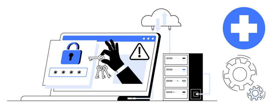 Online security, data protection, cloud computing, healthcare, system functionality, server maintenance. Hand holding a key with a laptop showing a padlock. Online security and data protection