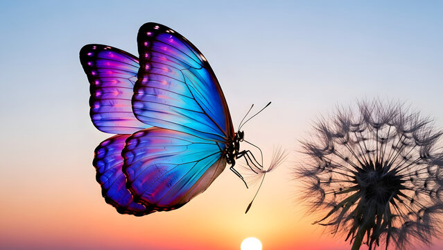 Fototapeta Butterfly's Dance with a Dandelion: A vibrant butterfly takes flight near a delicate dandelion against the backdrop of a serene sunset sky, a perfect blend of nature's beauty and tranquility.