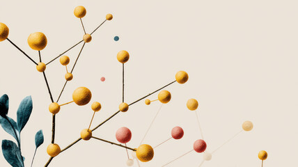 Abstract molecular structures in a minimalist and clean composition. Delicate lines connect vibrant spheres, showcasing a sense of connection and innovation