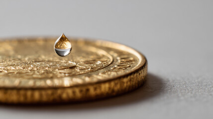 A golden coin with a suspended water droplet, emphasizing the value and preciousness of money. The close-up showcases detail and artistry, highlighting the intersection of liquidity and economics.