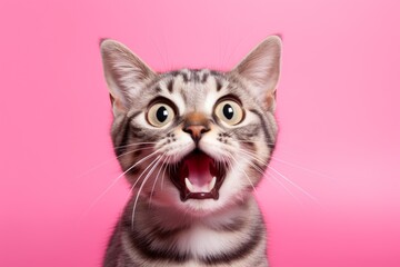 Cute kitten making a surprised face with wide opened eyes and mouth on a pink background
