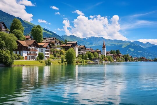 Charming lungern village mirroring on serene lake waters, embraced by the breathtaking swiss alps, creating a picturesque summer scene