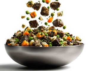Freshly prepared pet food with meat chunks and colorful vegetables falling into a metallic bowl ready to serve for a healthy canine diet.