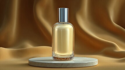 Naklejka premium A luxurious perfume bottle with a golden liquid and a silver cap, placed on a round pedestal, with a beautiful golden cloth as the background