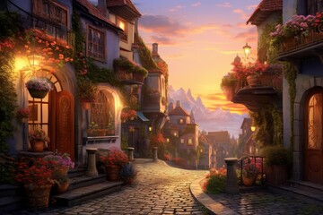 Fototapeta premium Charming cobblestone street winds through a picturesque village at sunset, with colorful flowers adorning the houses and a breathtaking mountain view in the background