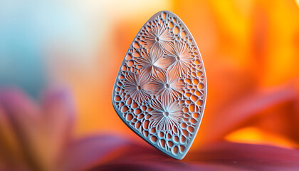 Close medium shot highlighting a sharp nylon 3D printed guitar pick with intricate patterns showcasing its lightweight and flexible design against a softly blurred background.