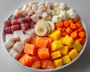 A colorful variety of diced raw fish, fruits, and vegetables are arranged in a white bowl on a neutral surface for healthy eating preparation.