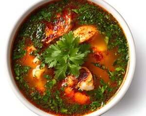 Appetizing bowl of vibrant seafood soup featu succulent shrimp and garnished generously with fresh green parsley on a white background.