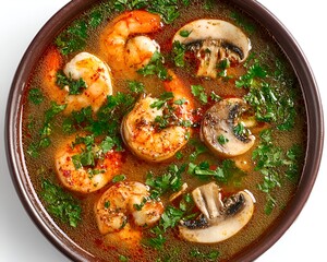 A savory bowl of shrimp soup garnished with fresh parsley and sliced mushrooms offers a warm and comforting culinary experience today.