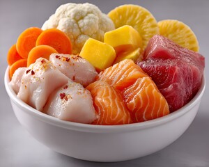 A vibrant bowl filled with fresh tuna, salmon, white fish, mango, pine, cauliflower, and carrot slices offers a healthy meal option.