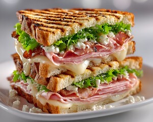 A delicious grilled sandwich layered with ham, cheese, bacon, lettuce, and a creamy dressing rests on a white plate in close-up view.