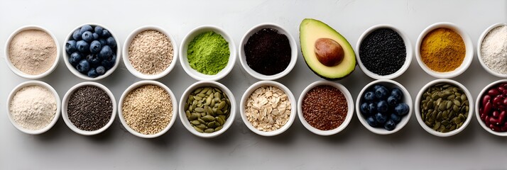 Overhead view shows colorful assortment of healthy superfoods arranged in white bowls on a neutral surface promoting nutrition and wellness.