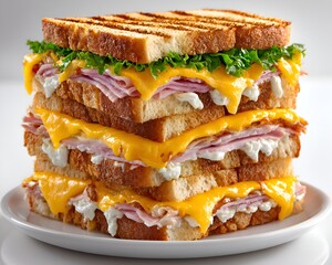 A towe club sandwich stacked high with toasted bread, melted cheese, ham, lettuce, and creamy sauce sits on a white plate.